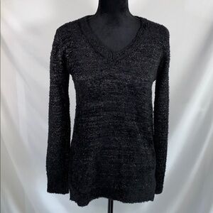NY Collection Metallic Silver Black V-Neck Small Faux Fur Sweater S